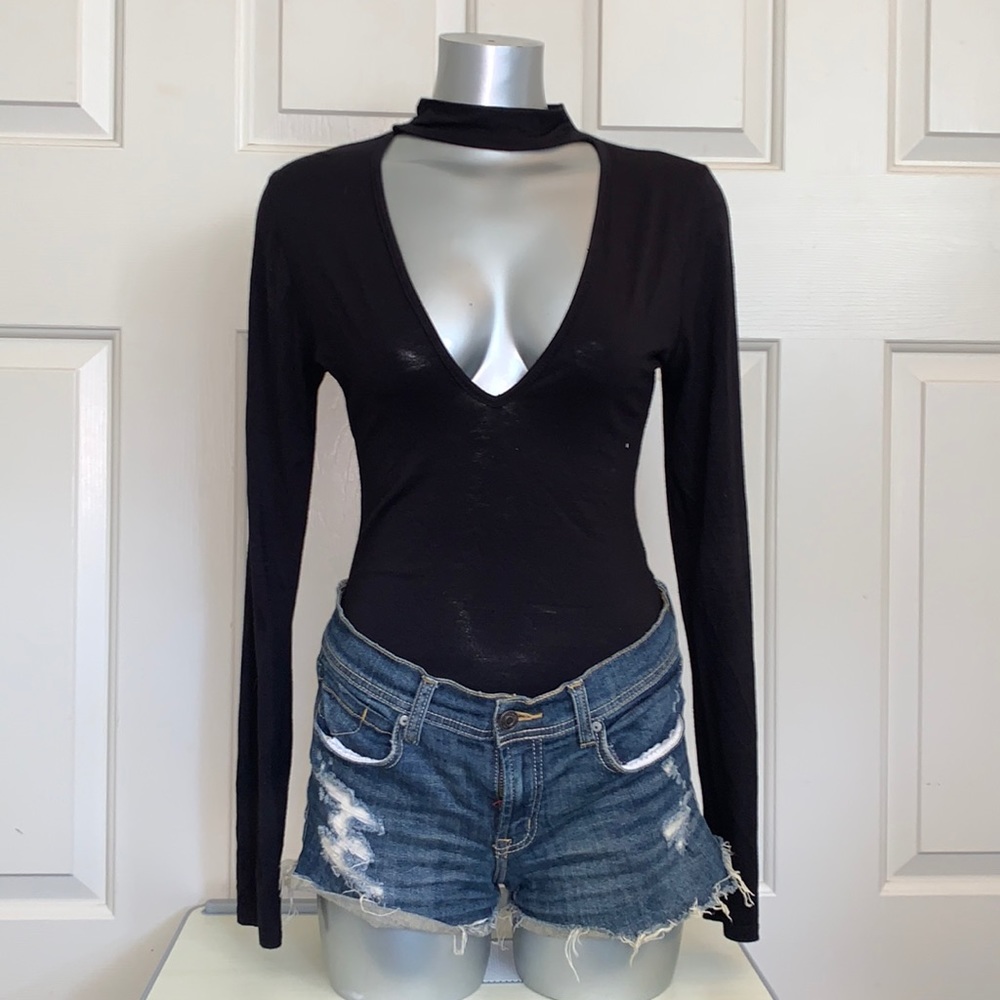 Black low cut cleavage body suit comfy bodysuit